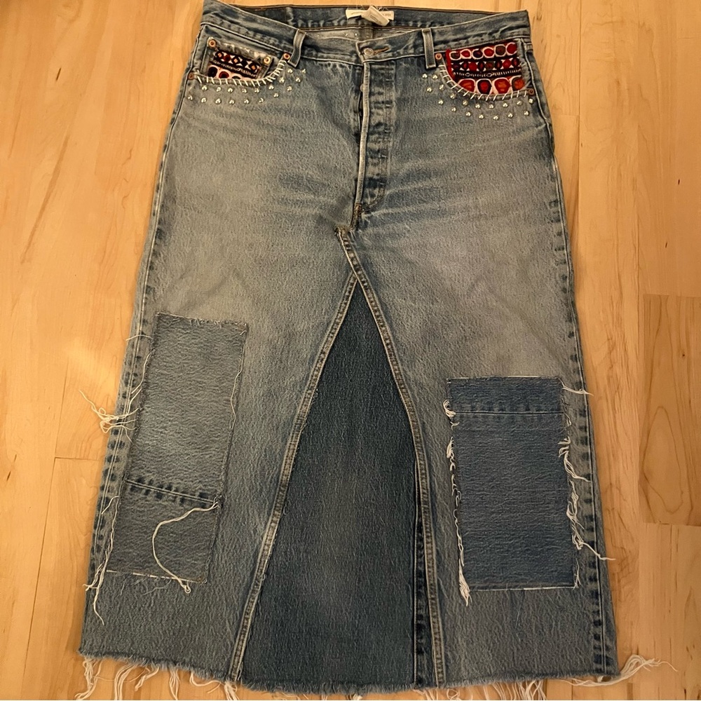 ❤️VERY RARE Tricia Fix free people Blue Patchwork Denim Maxi Skirt with Studs - Picture 11 of 16